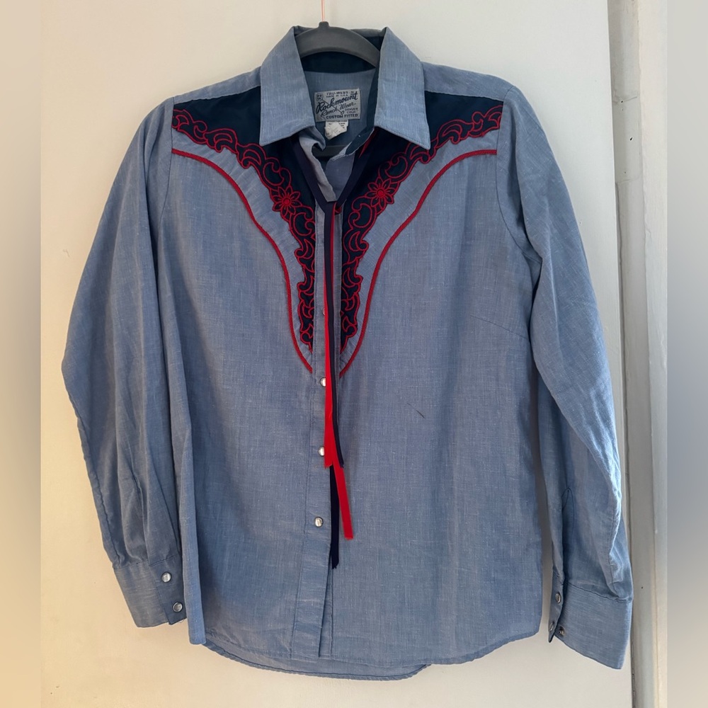 Vintage snap button Blue and Red Button Down Shirt with Western Embroidery
